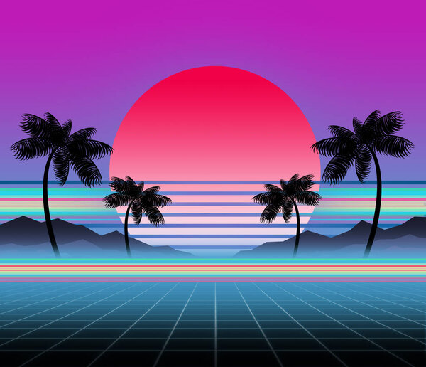 Glowing neon, synthwave and retrowave background template. Retro video games, futuristic design, rave music, 80s computer graphics and sci-fi technology concept.