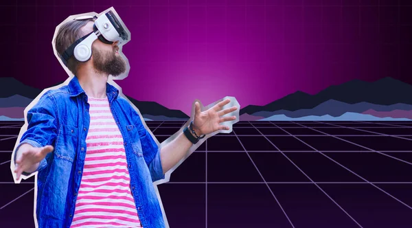 Man Headset Virtuele Werkelijkheid Simulatie Futuristische Technologie Concept Retro Video — Stockfoto