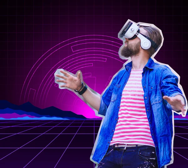 Mann Kopfhörer Virtual Reality Simulation Futuristisches Technologiekonzept Retro Videospiel Hintergrund — Stockfoto