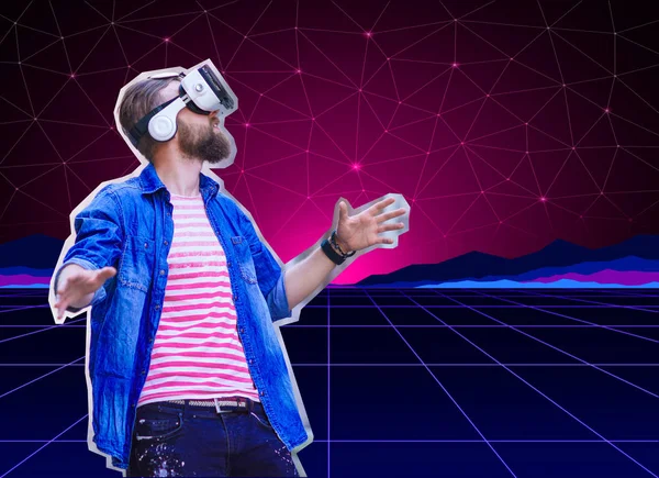 Mann Kopfhörer Virtual Reality Simulation Futuristisches Technologiekonzept Retro Videospiel Hintergrund — Stockfoto