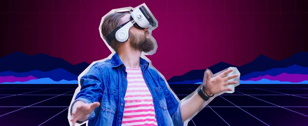 Mann Kopfhörer Virtual Reality Simulation Futuristisches Technologiekonzept Retro Videospiel Hintergrund — Stockfoto