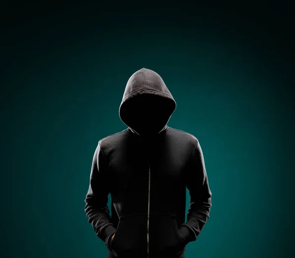 Portrét Počítačový Hacker Hoodie Zakryt Snědou Tvář Údaje Zloděj Internetové — Stock fotografie