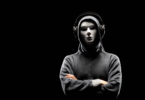 Portrait Computer Hacker White Mask Hoodie Obscured Dark Face Data — Stock Photo, Image