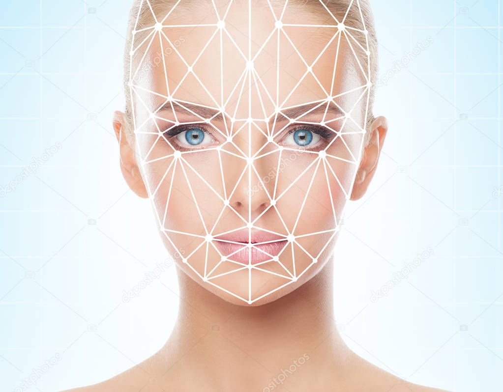 Portrait of beautiful girl with a scnanning grid on her face. Woman with face id scanner. Biometric verification, security, facial recognition, future technology concept.