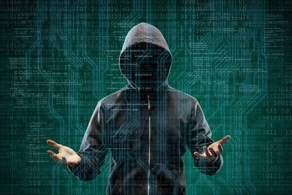Небезпечний Хакер Абстрактному Цифровому Тлі Двійковим Кодом Спостерігається Темне Обличчя — стокове фото
