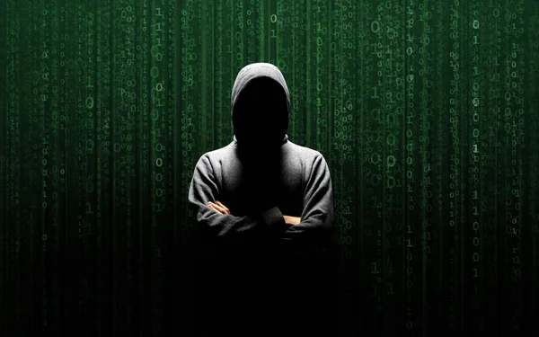 Anonymer Computerhacker Über Abstrakten Digitalen Hintergrund Dunkles Gesicht Mit Maske — Stockfoto