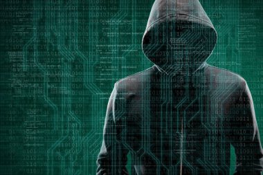 Maske ve kapüşonlu ikili arka plan üzerinde bilgisayar korsanı. Gizlenmiş karanlık yüzü. Veri hırsız, internet dolandırıcılık, darknet ve siber güvenlik kavramı.