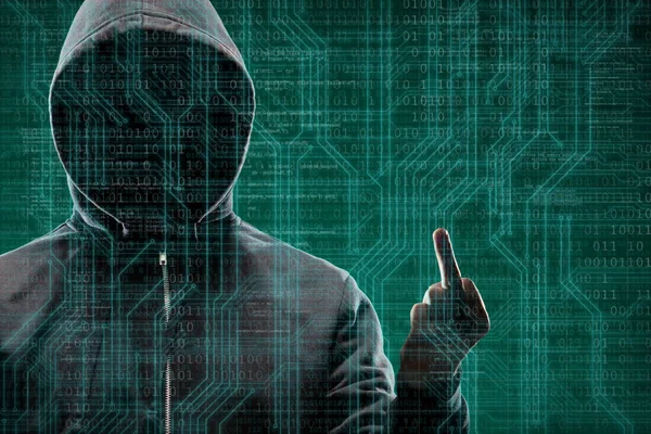 抽象数字背景上的匿名电脑黑客 在面罩和引擎盖中露出黑色的脸 数据窃贼 互联网攻击 黑网欺诈 危险病毒和网络安全概念 — 图库照片