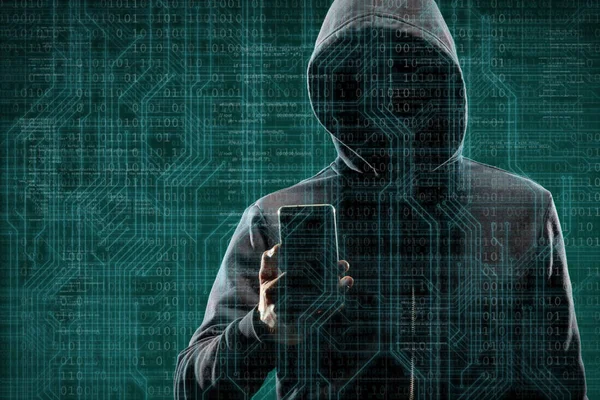 Anonym Dator Hacker Med Smartphone Över Abstrakt Digital Bakgrund Obskyrt — Stockfoto