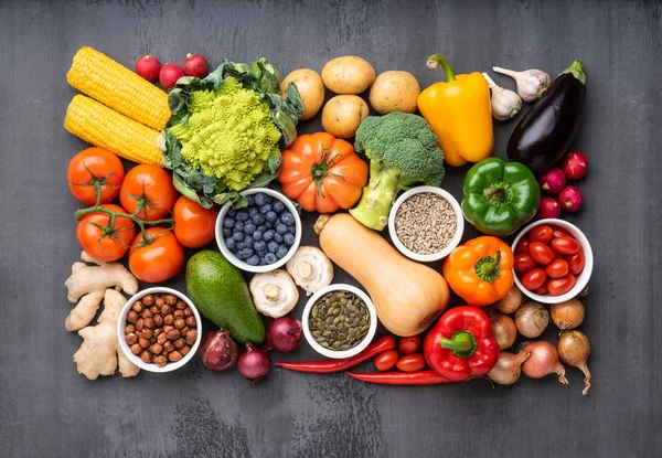 Ingredientes Alimenticios Saludables Verduras Frescas Frutas Superalimentos Nutrición Dieta Concepto — Foto de Stock