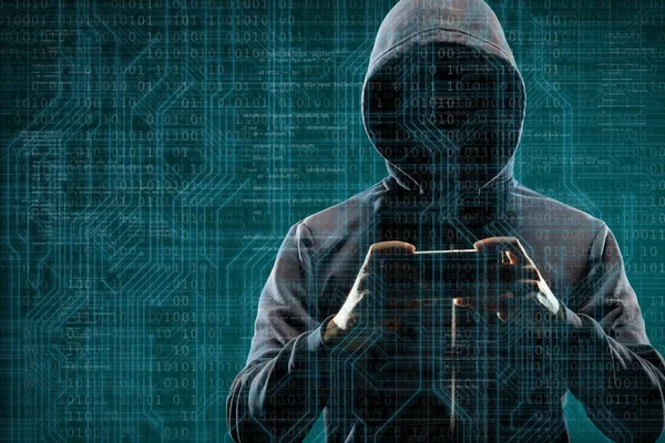 Anonymous Computer Hacker Smartphone Abstract Digital Background Obscured Dark Face — Stock Photo, Image