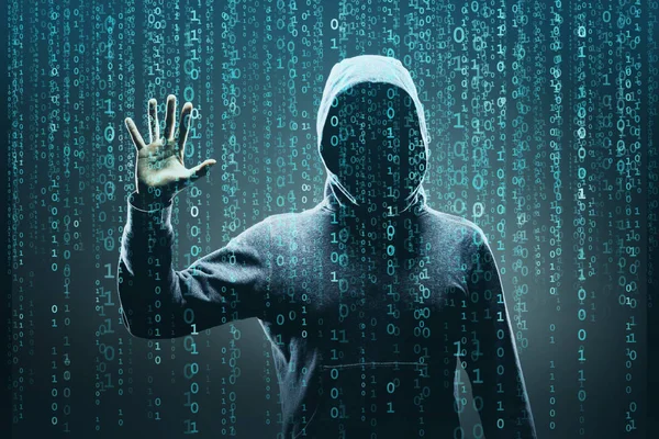 Анонімний Комп Ютерний Хакер Абстрактному Цифровому Тлі Спостерігається Темне Обличчя — стокове фото