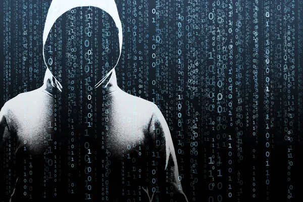 Anonymní Počítačový Hacker Abstraktní Digitální Pozadí Zakryt Temný Obličej Masku — Stock fotografie
