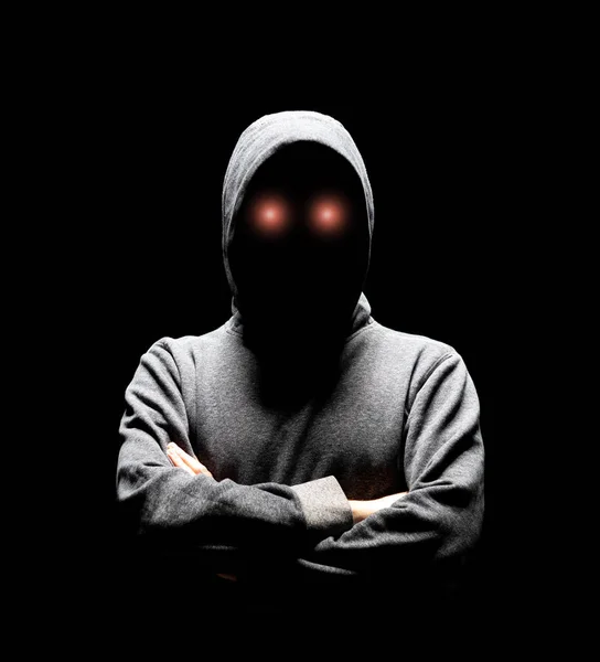 Portrait Computer Hacker Hoodie Obscured Dark Face Data Thief Internet — Stock Photo, Image