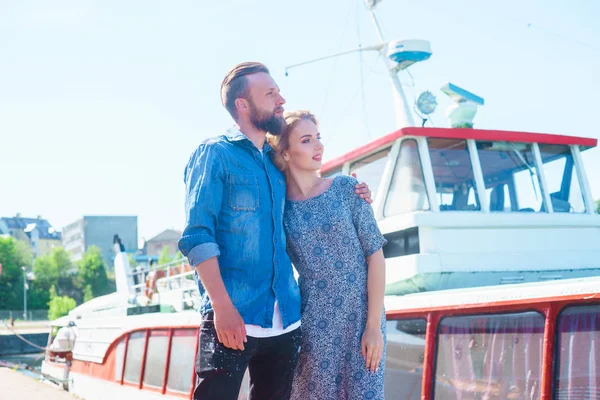 Young Loving Couple Walking Pier Man Woman Having Date Outdoor — Stock Photo, Image