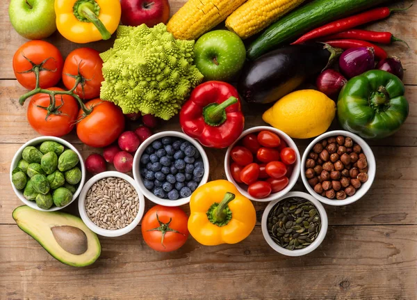 Egészséges Étkezési Összetevők Friss Zöldségek Gyümölcsök Szuperételek Táplálkozás Diéta Vegán — Stock Fotó