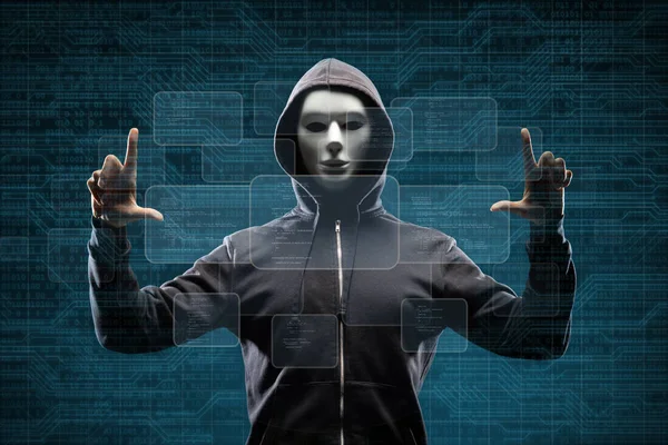 电脑黑客在面具和头套在抽象二进制背景 模糊的黑脸 数据窃贼 互联网欺诈 黑网和网络安全概念 — 图库照片