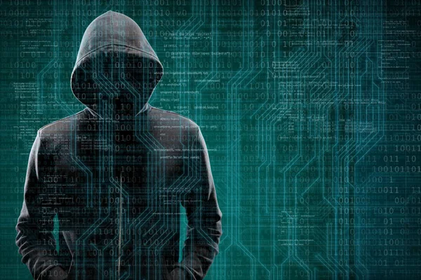 추상적인 디지털 컴퓨터 해커입니다 마스크와 후드에 가려진된 어두운 얼굴입니다 데이터 — 스톡 사진