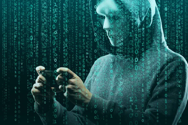 Anonymer Computerhacker Über Abstrakten Digitalen Hintergrund Dunkles Gesicht Mit Maske — Stockfoto