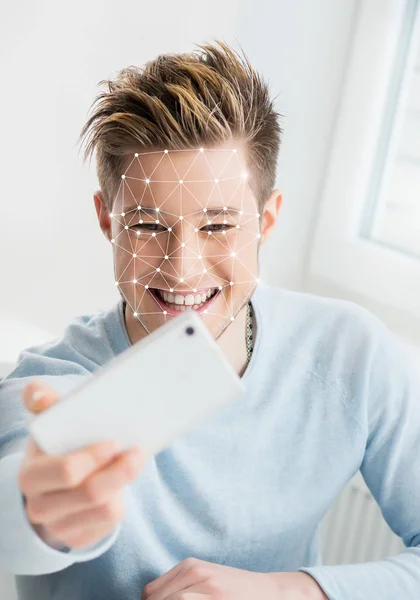 Portrait Man Scnanning Grid His Face Face Security Facial Recognition — Stock Photo, Image