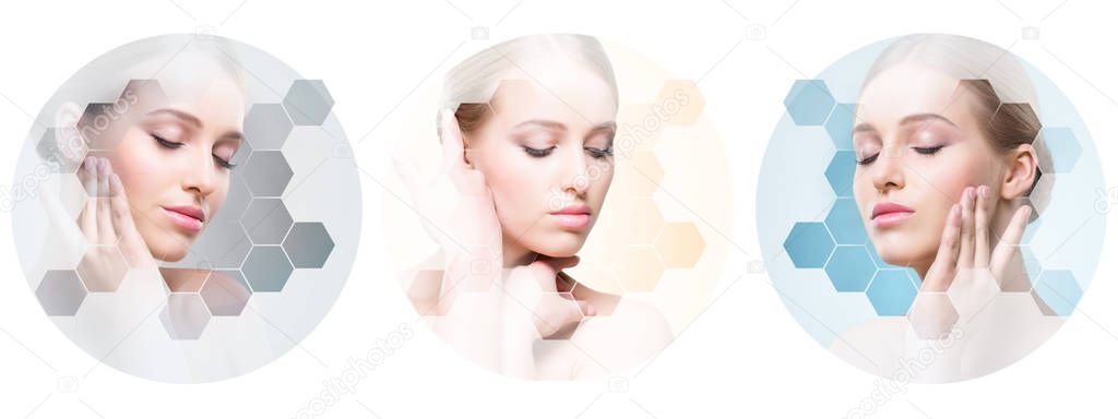 Human face in a collage. Young and healthy woman in plastic surgery, medicine, spa and face lifting concept in honeycomb mosaic.
