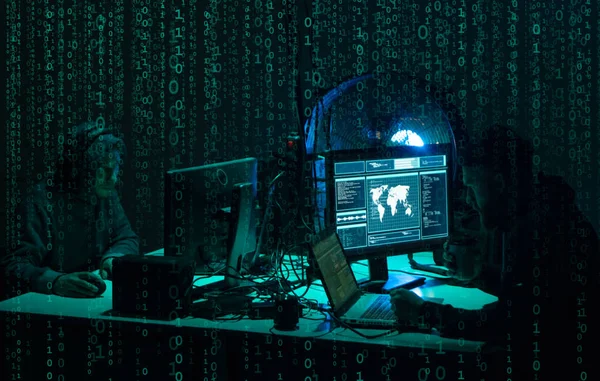 Wanted Hackers Coding Virus Ransomware Using Laptops Computers Basement Cyber — Stock Photo, Image
