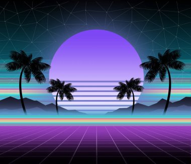 Parlak neon, synthwave ve retrowave arka plan şablonu. Retro video oyunları, fütüristik tasarım, müzik, 80s rave bilgisayar grafik ve bilim kurgu teknolojisi kavramı.