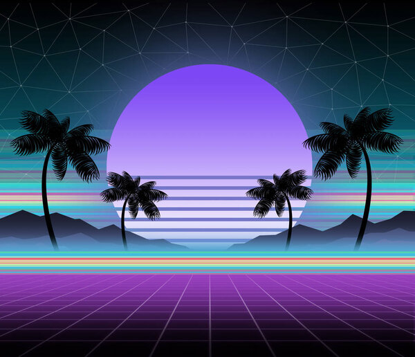 Glowing neon, synthwave and retrowave background template. Retro video games, futuristic design, rave music, 80s computer graphics and sci-fi technology concept.