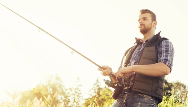 Fisherman Spinning Bait Catching Fish Lake River Man Weekend Fishing — Stock Photo, Image