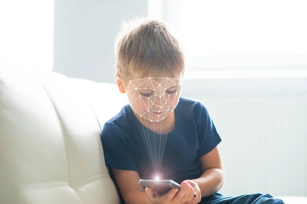 Little Boy Using Face Authentication Kid Smartphone Digital Native Children — Stock Photo, Image