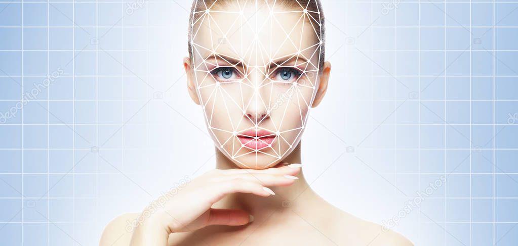 Face of a beautiful girl with a scnanning grid on her face. Face id, security, facial recognition, authentication technology concept.