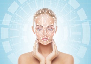 Scnanning kılavuz yüzünde çekici kadın portresi. Yüz kimliği, güvenlik, yüz tanıma, geleceğin teknolojisi kavramı.