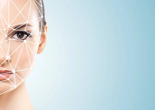 Portrait of attractive woman with a scnanning grid on her face. Face id, security, facial recognition, future technology concept.