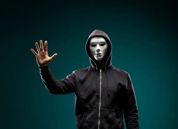 Portrait Computer Hacker White Mask Hoodie Obscured Dark Face Data — Stock Photo, Image