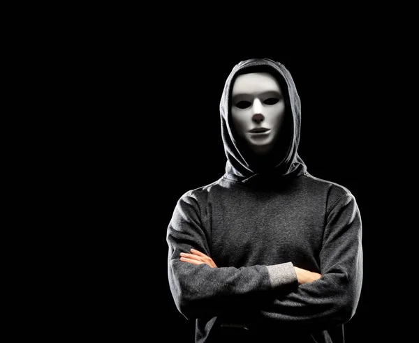 Retrato Hacker Máscara Blanca Sudadera Con Capucha Cara Oscura Oscura — Foto de Stock