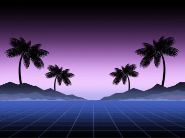 Synthwave ve retrowave arka plan şablonu. Avuç içi, güneş ve bilgisayar oyunu uzayda. Retro tasarımı, övgü dolu müzik, 80s bilgisayar grafik ve bilim kurgu teknolojisi kavramı.