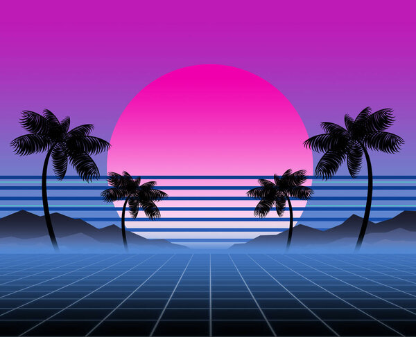 Synthwave and retrowave background template. Palms, sun and space in computer game. Retro design, rave music, 80s computer graphics and sci-fi technology concept.