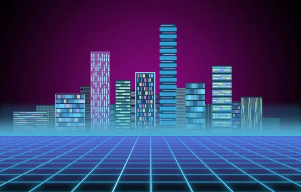 Fondo Urbano Ciudad Futurista Alta Tecnología Neón Resplandor Synthwave Retrowave —  Fotos de Stock