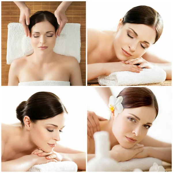 Lady getting spa treatment. Different pictures of women relaxing in spa. Health, recreation and massaging therapy concept.