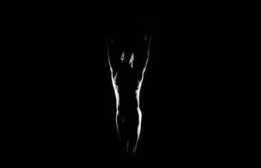 Siyah ve beyaz siluet erkek balet iz. Uzun monochrom yatay görüntü.