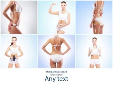 Sağlık, spor, Fitness, beslenme, kilo kaybı, diyet, selülit kaldırma, liposuction, sağlıklı yaşam tarzı kolaj kavramı güzel kadın vücut şekli mayo kadınlar