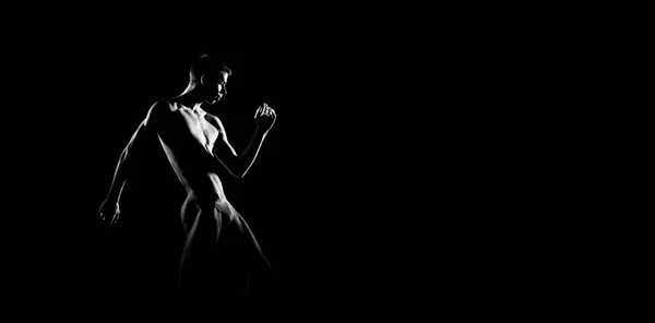 男性バレエ ダンサーの黒と白のシルエット トレース 長いモノクロの水平方向の画像 — ストック写真