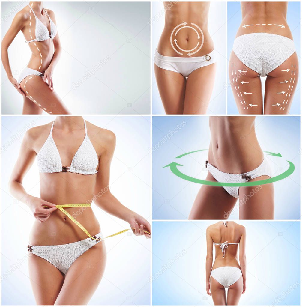 Healthy, sporty and beautiful women isolated on white. Fat lose, health, sport, fitness, nutrition, liposuction, healthy life-style concept collection