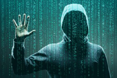 Computer hacker in mask and hoodie over abstract binary background. Obscured dark face. Data thief, internet fraud, darknet and cyber security concept. clipart