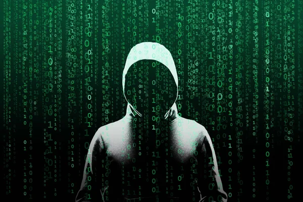 Anonymous Computer Hacker Abstract Digital Background Obscured Dark Face Mask — Stock Photo, Image