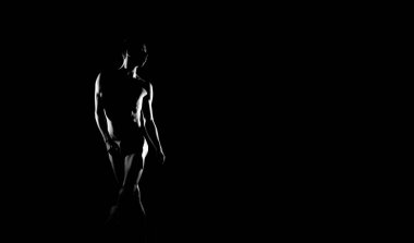 Siyah ve beyaz siluet erkek balet iz. Uzun monochrom yatay görüntü.