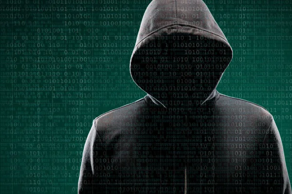 Hacker Anonimo Sfondo Digitale Astratto Viso Scuro Oscurato Maschera Cappuccio — Foto Stock