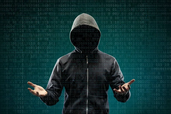 추상적인 디지털 컴퓨터 해커입니다 마스크와 후드에 가려진된 어두운 얼굴입니다 데이터 — 스톡 사진