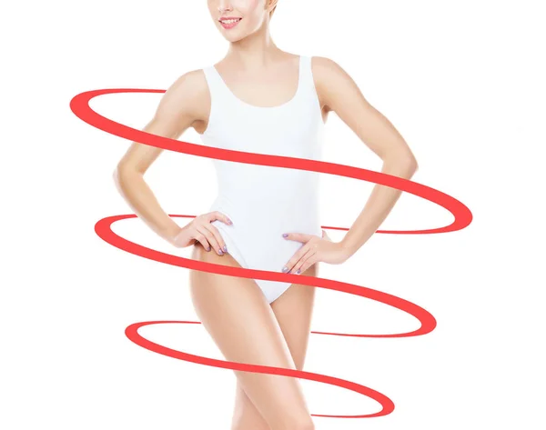 水着で美しくフィット女性の体 水着姿の若いブルネットの女の子 フィットネス スポーツ ダイエットの概念 — ストック写真