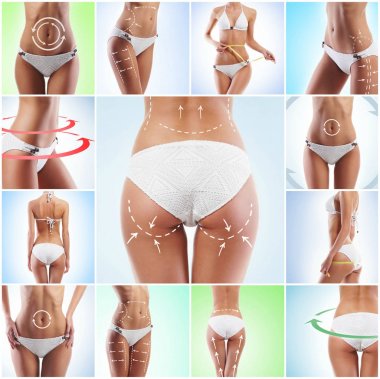 Okları çizen kadın vücudunun farklı fotoğraflarının kolajı. Yağ kaybı, sağlık, spor, fitness, beslenme, kilo kaybı, diyet, yağ aldırma, sağlıklı yaşam tarzı konsepti.